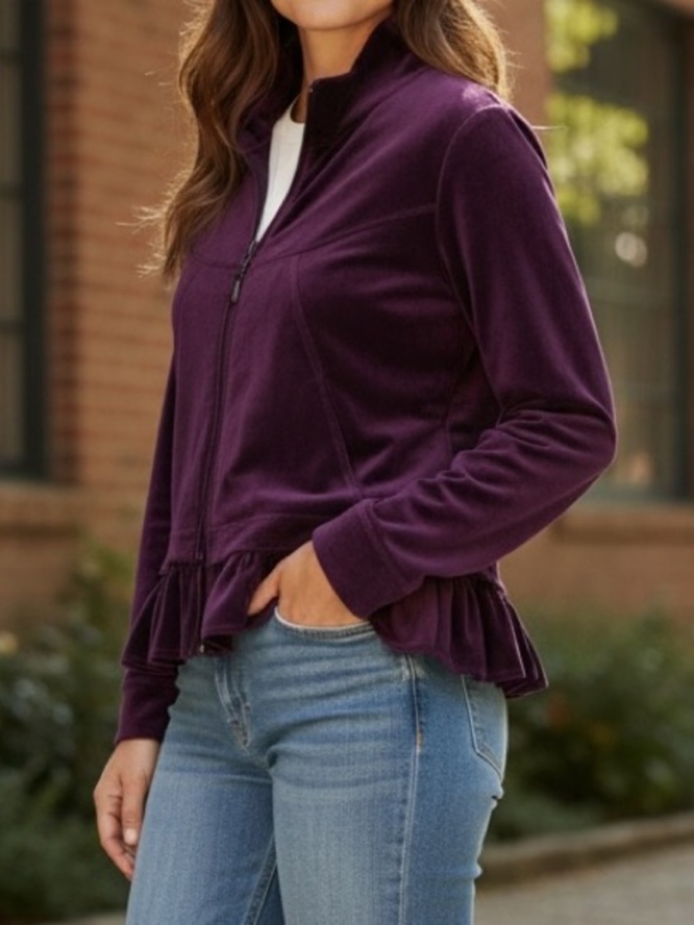 Athleta Full Zip Detachable Peplum Hem Purple Sweatshirt Size Medium - Picture 1 of 8